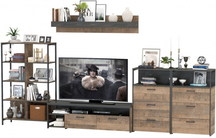 Трувор Гостиная 099, цвет дуб гранж песочный/интра, ШхГхВ 371,8х45,4х195 см., универсальная сборка