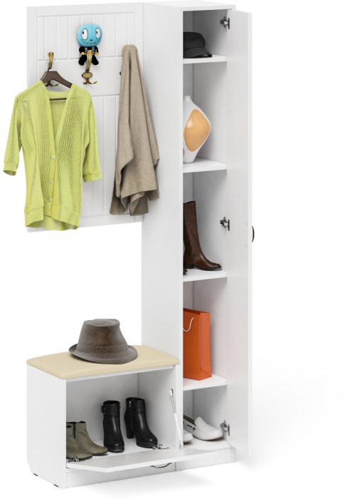 Прихожая П-6 Компоновка № 21, цвет белая шагрень/фасады МДФ белое дерево фрезеровка прованс, ШхГхВ 90х35х210 см., универсальная сборка