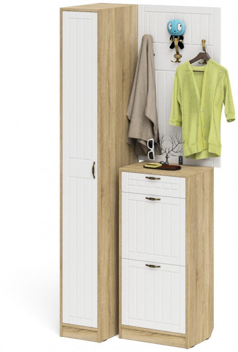 Прихожая П-6 Компоновка № 44, цвет дуб сонома/фасады МДФ белое дерево фрезеровка прованс, ШхГхВ 90х50х210 см., универсальная сборка