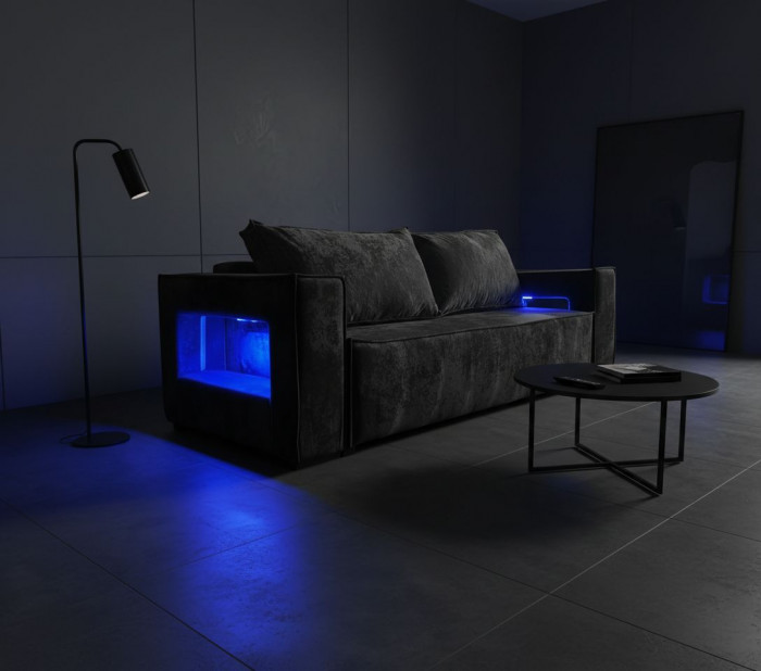 Диван-кровать Лофт Люкс Плюш с подсветкой, еврокнижка, независимый пружинный блок, 140х195, черный