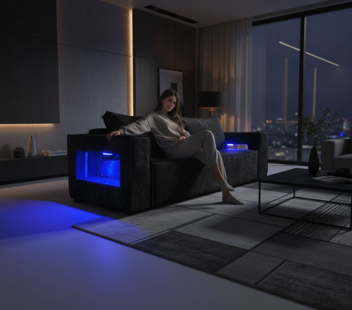 Диван-кровать Лофт Люкс Плюш с подсветкой, еврокнижка, независимый пружинный блок, 140х195, черный