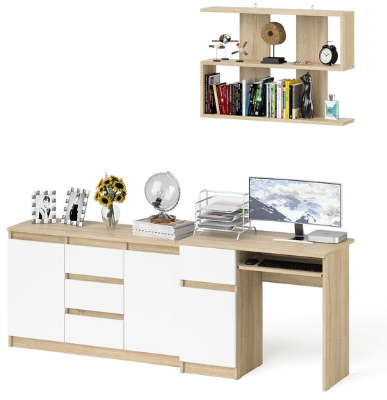 Мори компьютерный стол МС-1 левый + Комод МК1200.3 + Полка 900, дуб сонома/белый