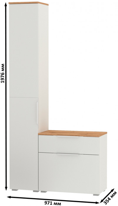 Октава Прихожая 13, цвет белый шагрень/дуб крафт золотой/фасады МДФ белый шагрень, ШхГхВ 97,1х35,4х197,6 см., универсальная сборка
