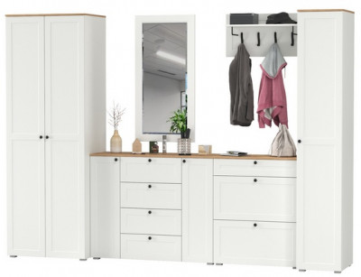 Остин Прихожая 61, цвет белый шагрень/дуб крафт золотой, ШхГхВ 320х54,3х229,6 см., универсальная сборка