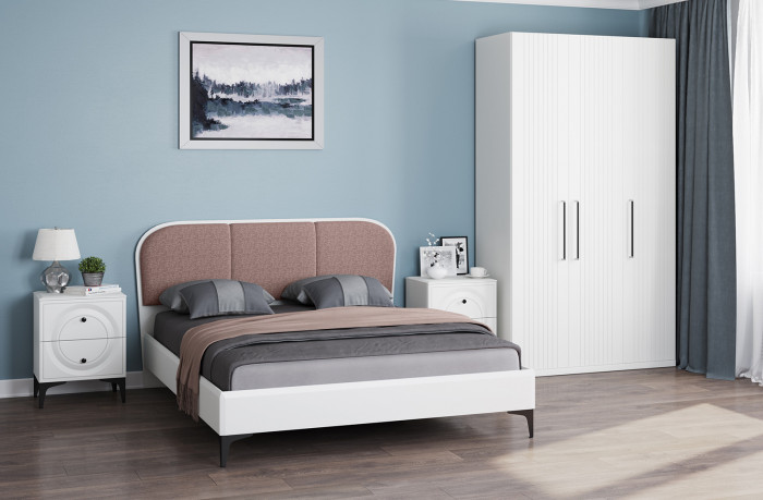 Валенсия Спальня № 34, цвет ЛДСП белый шагрень/МДФ белый шагрень/ткань велутто 19, ортопед есть, сп. м. 1600х2000 мм., б/м