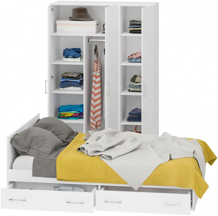 Спальня Стандарт 1-1400Я, цвет белый, ШхГхВ 143,5х203,5х70 + 135х52х200 см., сп.м. 1400х2000 мм., без матраса, основание есть