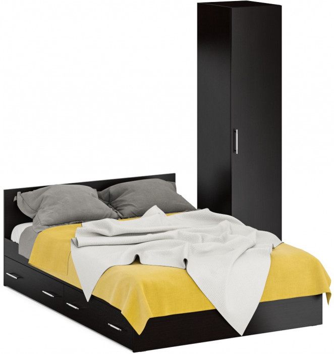 Кровать с ящиками 1400 + Пенал Стандарт, цвет венге, ШхГхВ 143,5х203,5х70 + 45х52х200 см., сп.м. 1400х2000 мм., без матраса, основание есть