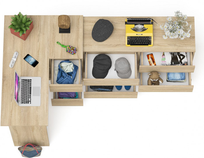 Мори компьютерный стол МС-16 правый + Комод МК1200.6, дуб сонома