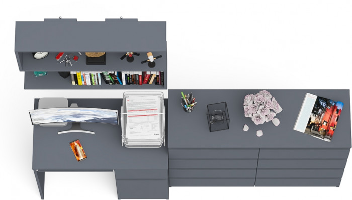 Мори Стол компьютерный МС-1 правый + Комод МК1200.8 + Полка 900, цвет графит, ШхГхВ 210,4х50х209,6 см., НЕ универсальная сборка