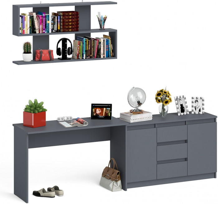 Мори Стол письменный МСП1200.1 + Комод МК1200.3 + Полка 1200, цвет графит, ШхГхВ 240,8х50х209,6 см., универсальная сборка