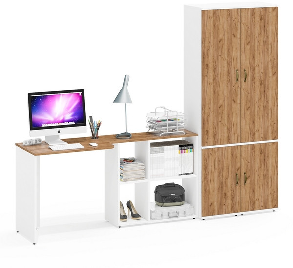 Лидер-8 Стол + Пенал МД 22Б + Пенал МД 22Б, цвет белый шагрень/крафт золото, ШхГхВ 245х50/37,5х75/190 или 115х160/50х75/190 см., НЕ ун. сборка