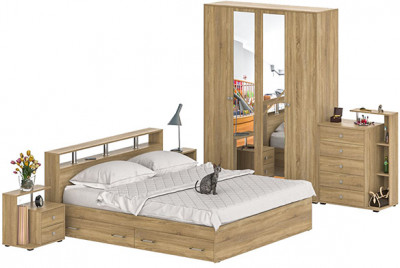 Камелия спальня № 11 Кровать с ящиками 1800 + Две тумбы + Комод + Шкаф 4-х створчатый, дуб сонома