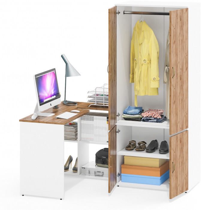 Лидер-8 Стол + Шкаф МД 19Б, белый шагрень/крафт золото