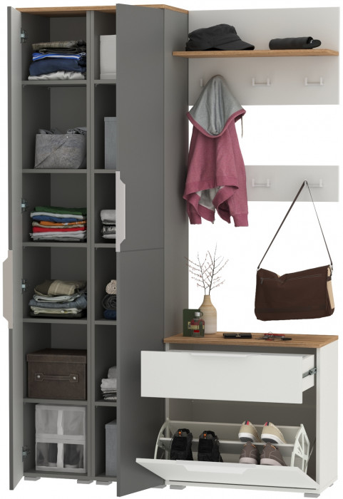 Октава Прихожая 51, цвет белый шагрень/серый графит/дуб крафт золотой/фасады МДФ белый шагрень/серый графит, ШхГхВ 129,3х35,4х197,6 см., ун. сб.