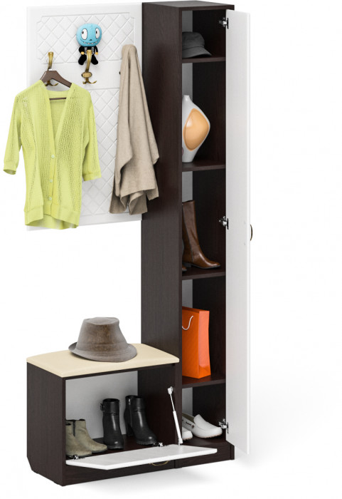 Прихожая П-6 Компоновка № 21, цвет венге/фасады МДФ белое дерево фрезеровка ромб, ШхГхВ 90х35х210 см., универсальная сборка