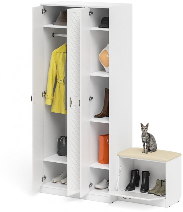 Прихожая П-6 Компоновка № 45, цвет белая шагрень/фасады МДФ белое дерево фрезеровка ромб, ШхГхВ 150х50х210 см., универсальная сборка