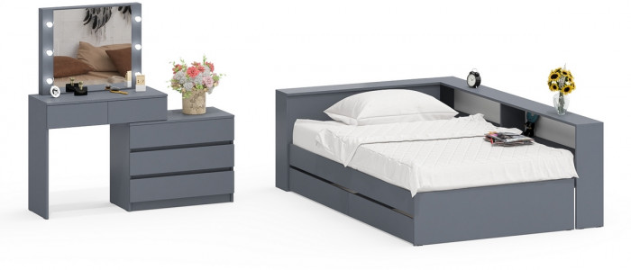 Ксения Кровать с ящиками 1200 + прикроватный блок + Столик с подсветкой 110, графит