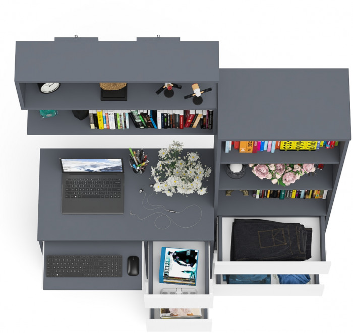 Мори компьютерный стол МС-6 правый + Стеллаж МСТ600.3 + Полка 900, графит/белый