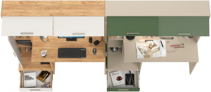 Два Стола письменных Лайт 03.243Н, цвет дуб крафт золотой/белый премиум/сатин/дымчатый зелёный, ШхГхВ 300,4х57,3х179,9 см., НЕ универсальная сборка
