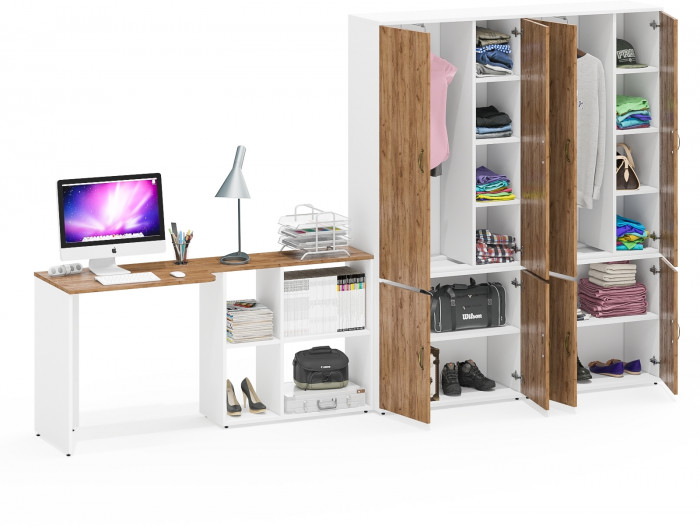 Лидер-8 Стол + Шкаф МД 20Б + Шкаф МД 20Б, белый шагрень/крафт золото