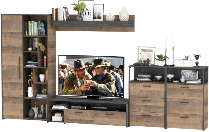 Трувор Гостиная 103, цвет дуб гранж песочный/интра, ШхГхВ 374,8х45,4х194,20 см., универсальная сборка