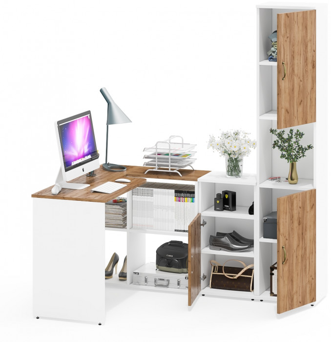 Лидер-8 Стол + Тумба МД 3.19 + Пенал, цвет белый шагрень/крафт золото, ШхГхВ 245х50/30х75/190 см. или 115х50/160х75/190 см., НЕ универсальная сборка