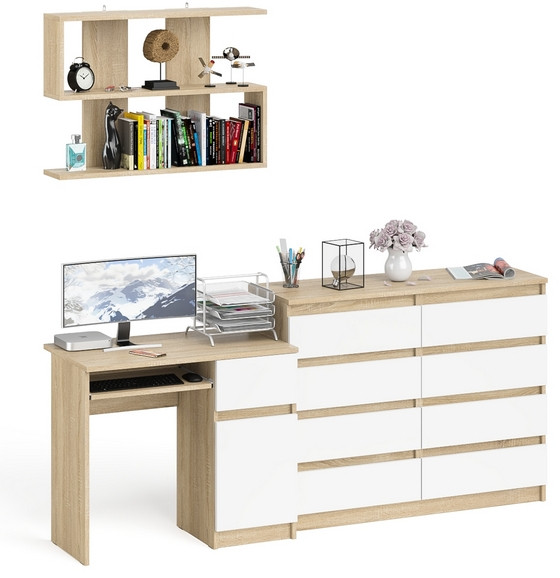 Мори Стол компьютерный МС-1 правый + Комод МК1200.8 + Полка 900, цвет дуб сонома/белый, ШхГхВ 210,4х50х209,6 см., НЕ универсальная сборка