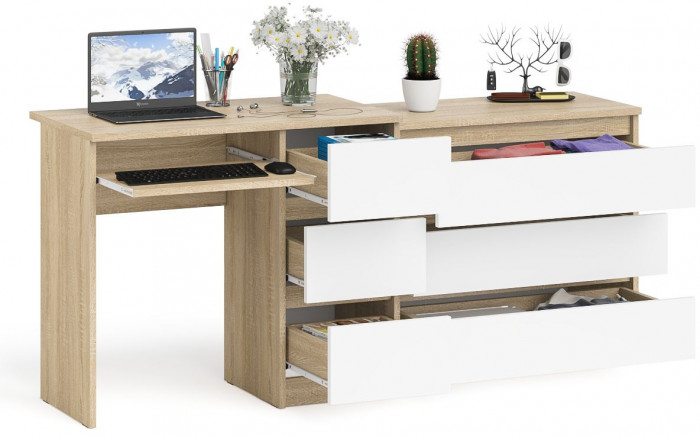 Мори Стол компьютерный МС-6 правый + Комод МК800.1, цвет дуб сонома/белый, ШхГхВ 170,4х50х76,6 см., выдвижные ящики справа, НЕ универсальная сборка