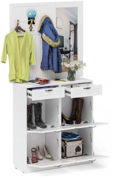 Прихожая П-6 Компоновка № 05, цвет белая шагрень/фасады МДФ белое дерево фрезеровка прованс, ШхГхВ 110х35х200 см.