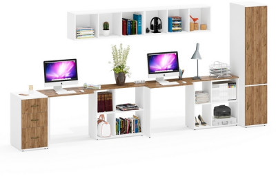 Лидер-8 Стол + Полка + Стол + Полка + Пенал МД 23Б + Тумба МД 3.16, белый шагрень/крафт золото