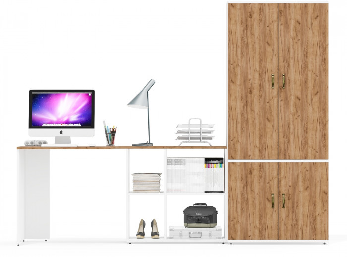 Лидер-8 Стол + Шкаф МД 20Б, белый шагрень/крафт золото