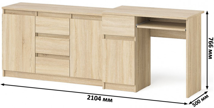 Мори компьютерный стол МС-1 левый + Комод МК1200.3, дуб сонома