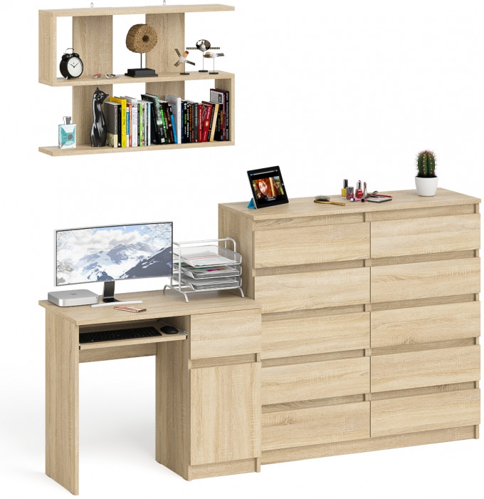 Мори компьютерный стол МС-1 правый + Комод МК1200.10 + Полка 900, дуб сонома