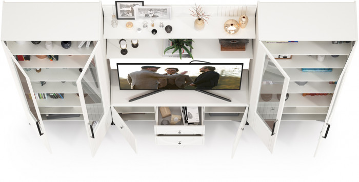 Валенсия Гостиная № 065, цвет ЛДСП белый шагрень/МДФ белый шагрень, ШхГхВ 301,3х38,3х225,2 см., ниша для ТВ 133х38х117 см.