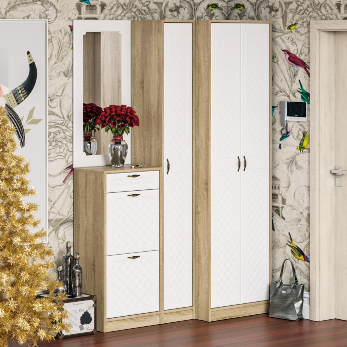 Прихожая П-6-350 Пенал, цвет дуб сонома/фасады МДФ белое дерево фрезеровка ромб, ШхГхВ 30х35х210 см., универсальная сборка