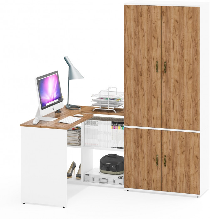 Лидер-8 Стол + Шкаф МД 20Б, белый шагрень/крафт золото