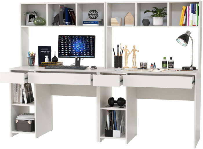 Стол компьютерный Комфорт 12.77F + Стол компьютерный Комфорт 12.77F, цвет белый шагрень, ШхГхВ 200х49,8х147 см., универсальная сборка