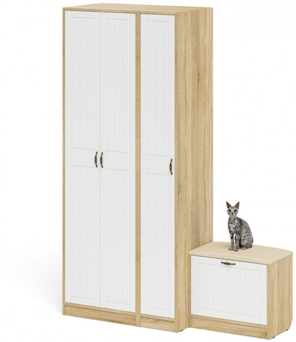 Прихожая П-6 Компоновка № 45, дуб сонома/фасады МДФ белое дерево фрезеровка прованс