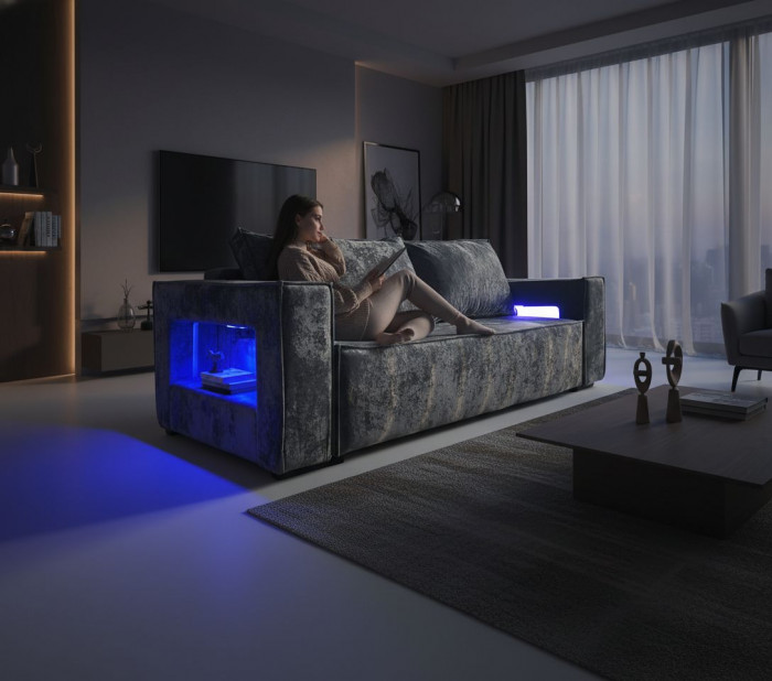 Диван-кровать Лофт Люкс Плюш с подсветкой, еврокнижка, пружинный блок, 140х195, серый