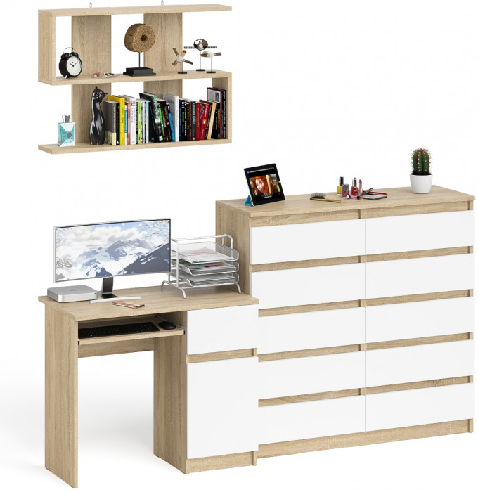 Мори компьютерный стол МС-1 правый + Комод МК1200.10 + Полка 900, дуб сонома/белый