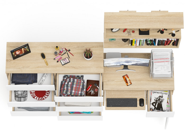 Мори компьютерный стол МС-1 правый + Комод МК1200.10 + Полка 900, дуб сонома/белый