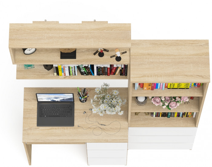 Мори компьютерный стол МС-6 правый + Стеллаж МСТ600.3 + Полка 900, дуб сонома/белый