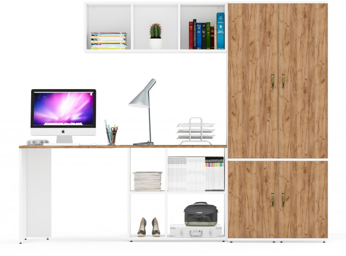 Лидер-8 Стол + Полка + Пенал МД 21Б + Пенал МД 21Б, цвет белый шагрень/крафт золото, ШхГхВ 245х50/37,5х75/190 или 115х160/50х75/190 см., НЕ ун. сб.