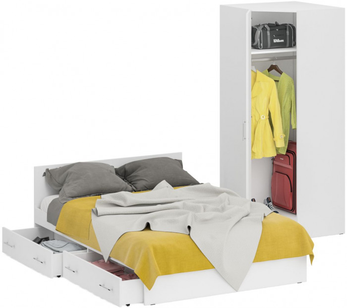 Кровать с ящиками 1400 + Шкаф угловой Стандарт, цвет белый, ШхГхВ 143,5х203,5х70 + 81,2х81,2х200 см., сп.м. 1400х2000 мм., без матраса, основание есть
