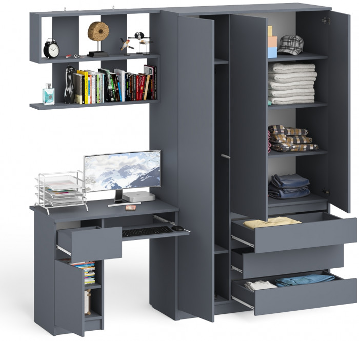 Мори Стол компьютерный МС-1 левый + Шкаф МШ1200.1 + Полка 900, цвет графит, ШхГхВ 210,4х50,4х209,6 см., НЕ универсальная сборка