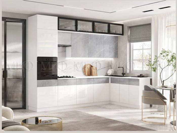Кухня МДФ Оливия New 3000х1800 (Белый глянец / Мрамор золото, Белый)