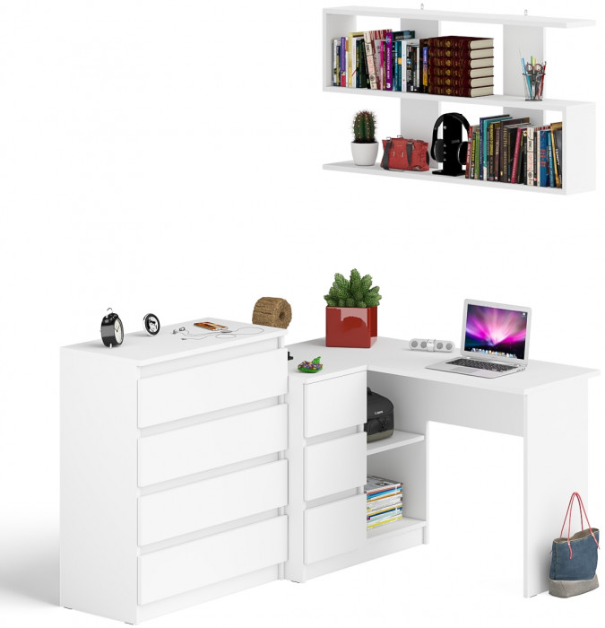 Мори компьютерный стол МС-16 левый + Комод МК800.4 + Полка 1200, белый