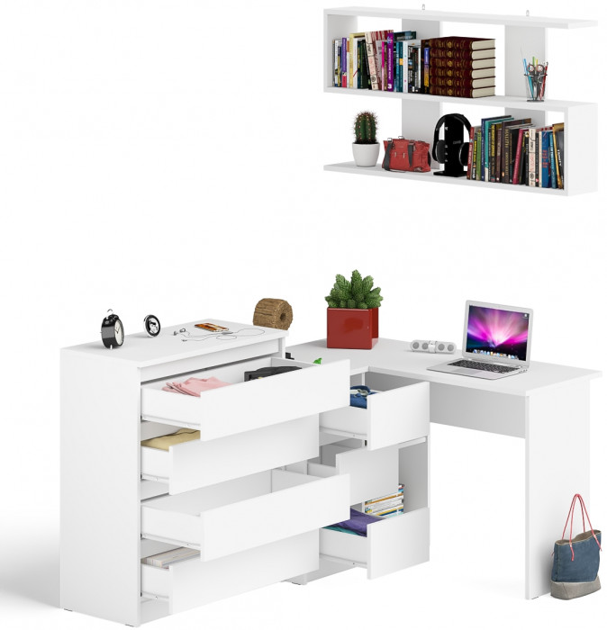 Мори компьютерный стол МС-16 левый + Комод МК800.4 + Полка 1200, белый