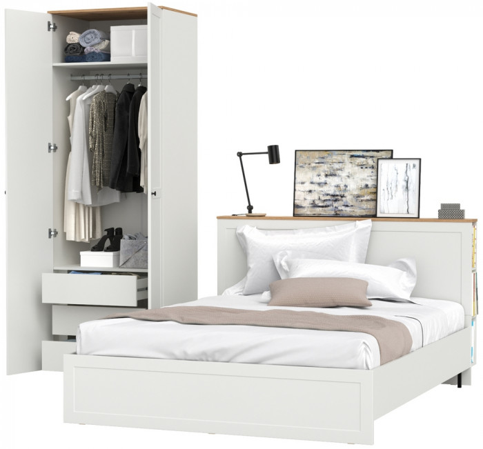 Остин 11.53 Кровать + ортопед + 13.336.02 Шкаф для одежды, белый шагрень/дуб крафт золотой