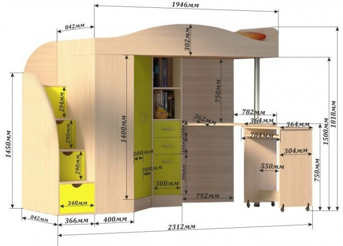Кровать-чердак Юниор 4 (Белое дерево/Лайм)